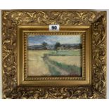 Oil on board of fields by Siddall, image 7” x 5”, frame 11.75” x 10”. Chantry House Gallery, Ripley.