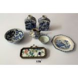 Pair of oriental blue/white flasks (4.5”) plate, dish, teapot and framed plate
