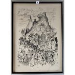 Cartoon print of Athens by Papas. Image 19” x 27”, frame 20.5” x 28.5”. Small waterstain at bottom