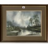 Watercolour of river and landscape by Michael Roundhill. Image 17.5” x 12.5”, frame 24” x 19”.