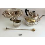 3 piece plated tea service, embossed plated bowl and plated spoon