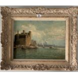 Oil on canvas “The Thames at Chelsea” by J. Barrie Haste, image 15.5” x 11.5”, frame 22” x 18”.