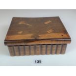 Walnut book shaped sewing box. 9” long x 7” wide x 3” high