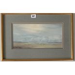 Watercolour of beach scene by Irving, image 13” x 6.5”, frame 18.75” x 12.5”.