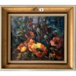 Oil on board of flowers by Valter Berzins. Image 17.5” x 14”, frame 23.5” x 20”
