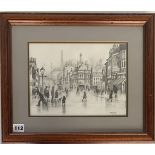 Brian Shields (Braaq) pencil sketch of town scene with figures in foreground. Signed ‘braaq’.