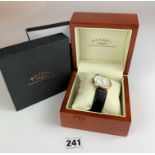 Boxed 18k gold Rotary gents watch with leather strap. Working