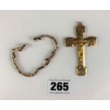 9k gold elasticated strap, length 6”, w: 5.5 gms and plated crucifix, length 2.5”.