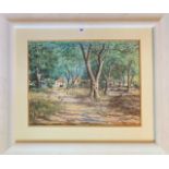 Pastel “Morning Light Through the Village Olive Grove” by R.J. Dutton. Image 23.5” x 18”, frame 36.