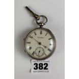 Silver pocket watch, W. Pinkerton, Dungannon. 2” diameter, total w: 4.1 ozt. With key but not