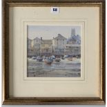 Watercolour “Low Water at Brixham” by David Howell RSMA. Image 8.25” x 8”, frame 16” x 16”.