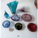 9 pieces of Scandanavian and other coloured glass