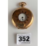 9k gold half hunter pocket watch, Waltham USA, 2” diameter, total w: 98.4 gms, runs and stops