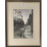 Watercolour “December in Whitby” by John Sibson. Image 9” x 13”, frame 16.5” x 21.5”. Chantry