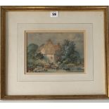 Watercolour of cottage by river by J. Morris, 1865. Image 9.5” x 6.5”, frame 17.5” x 15”.