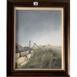 Oil on canvas of country lane by J.S. Waide, ’82. Image 13.5” x 17.5”, frame 18.5” x 22.5”.