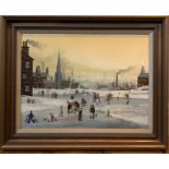 Brian Shields (Braaq) oil on canvas of winter scene with figures, signed ‘braaq’ “Ann”, image 24”