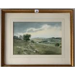 Watercolour of landscape by Sam Chadwick. Image 16” x 11”, frame 23” x 19”. Headrow Gallery,