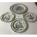 Large round blue/white plate 15.5” diameter & 3 small blue/white plates 9.5” diameter