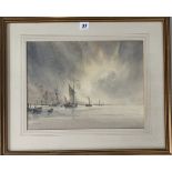 Watercolour of ships by George Allen, image 14.5” x 11”, frame 21” x 17.5”.