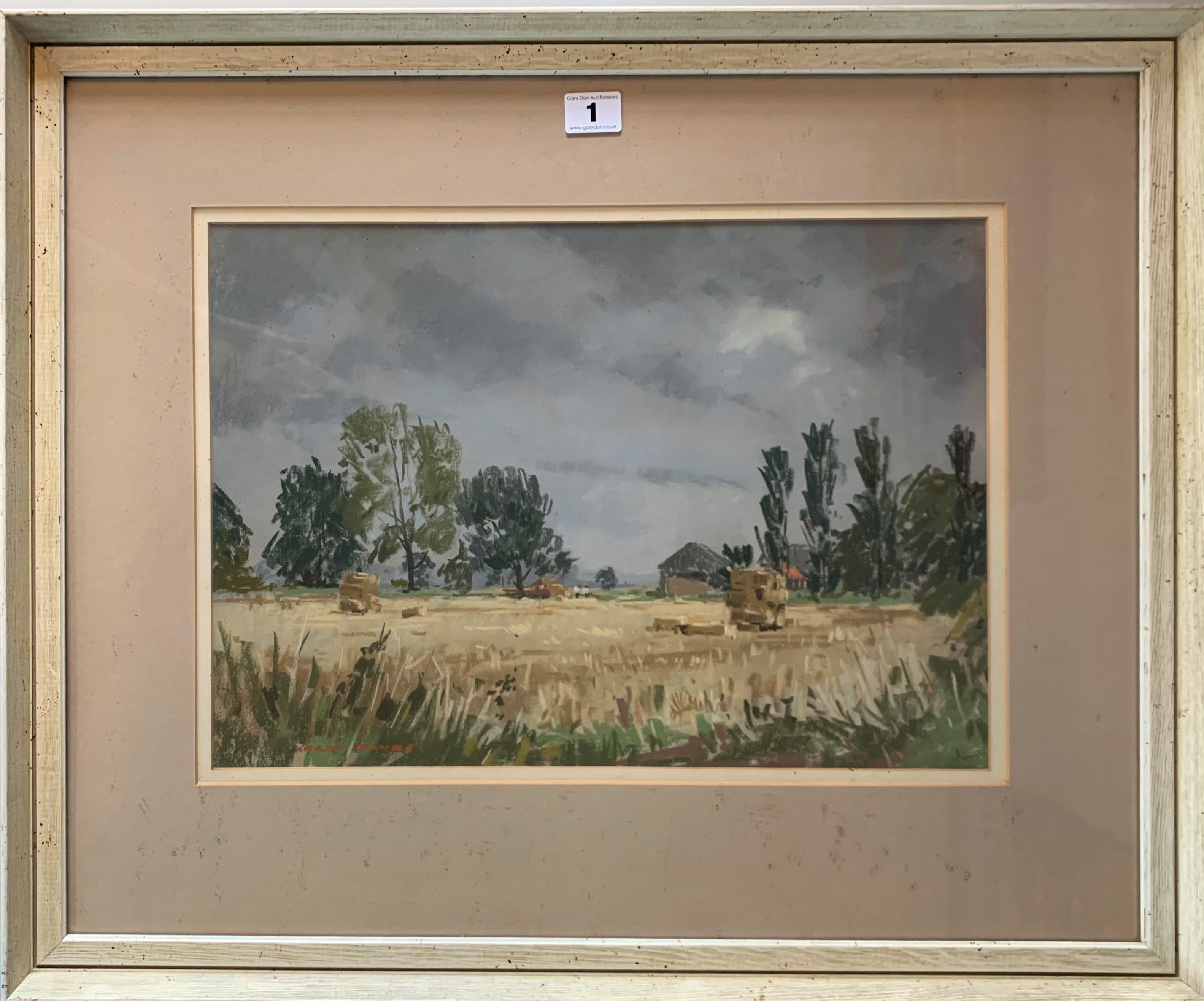 Watercolour “East Yorkshire Harvest” by Angus Rands. Image 17” x 12”, frame 26” x 21.5”. Woodlands