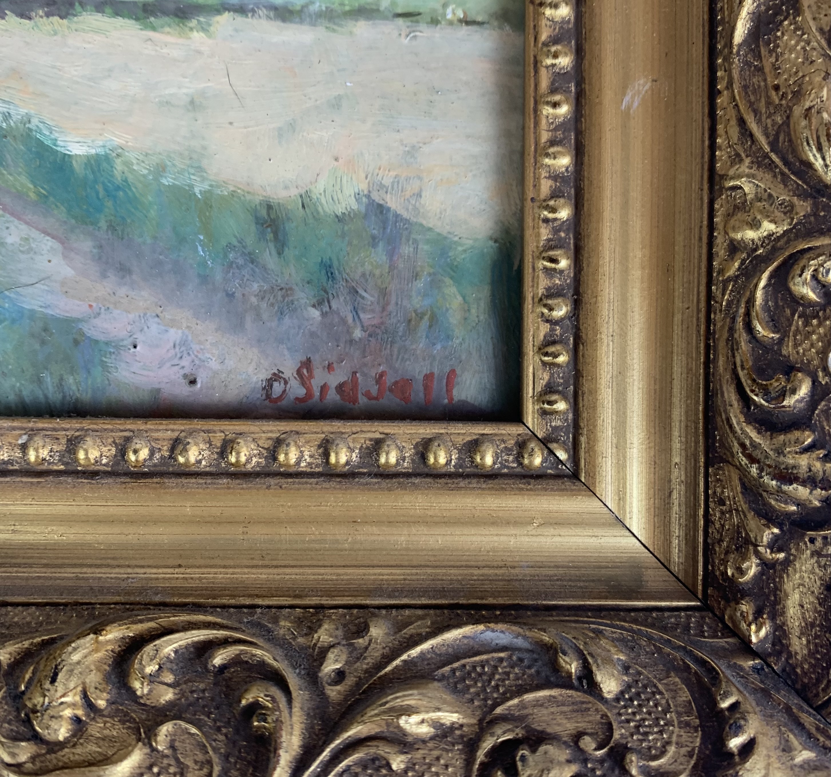 Oil on board of fields by Siddall, image 7” x 5”, frame 11.75” x 10”. Chantry House Gallery, Ripley. - Image 2 of 3