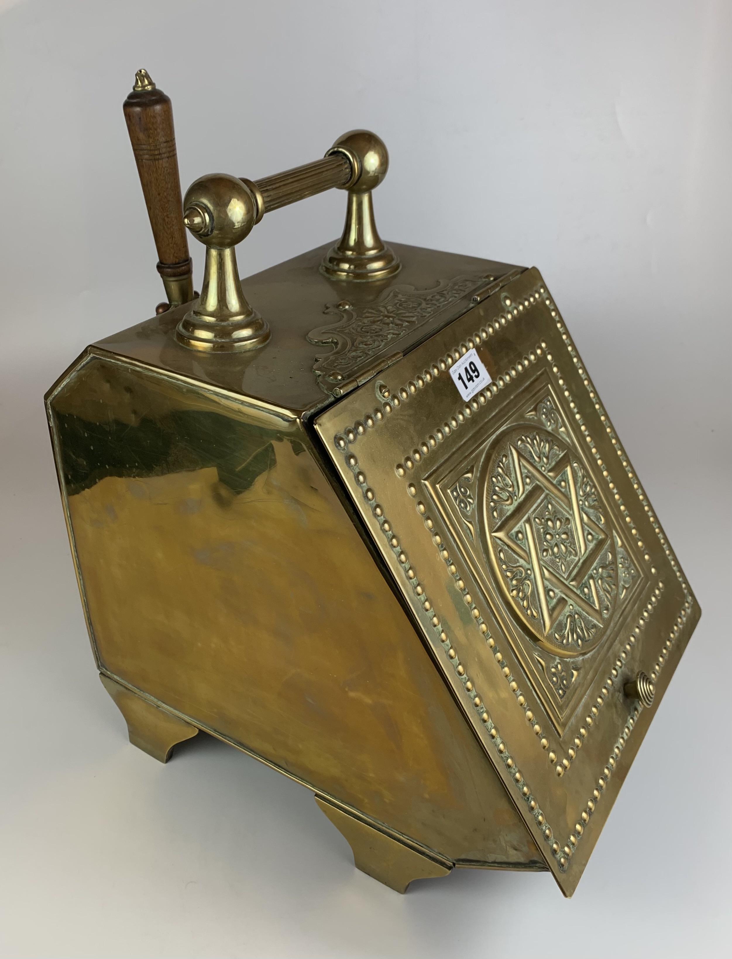 Brass coal box with Star of David design and shovel. 11” long x14” wide x 17” high. Some damage - Image 2 of 4