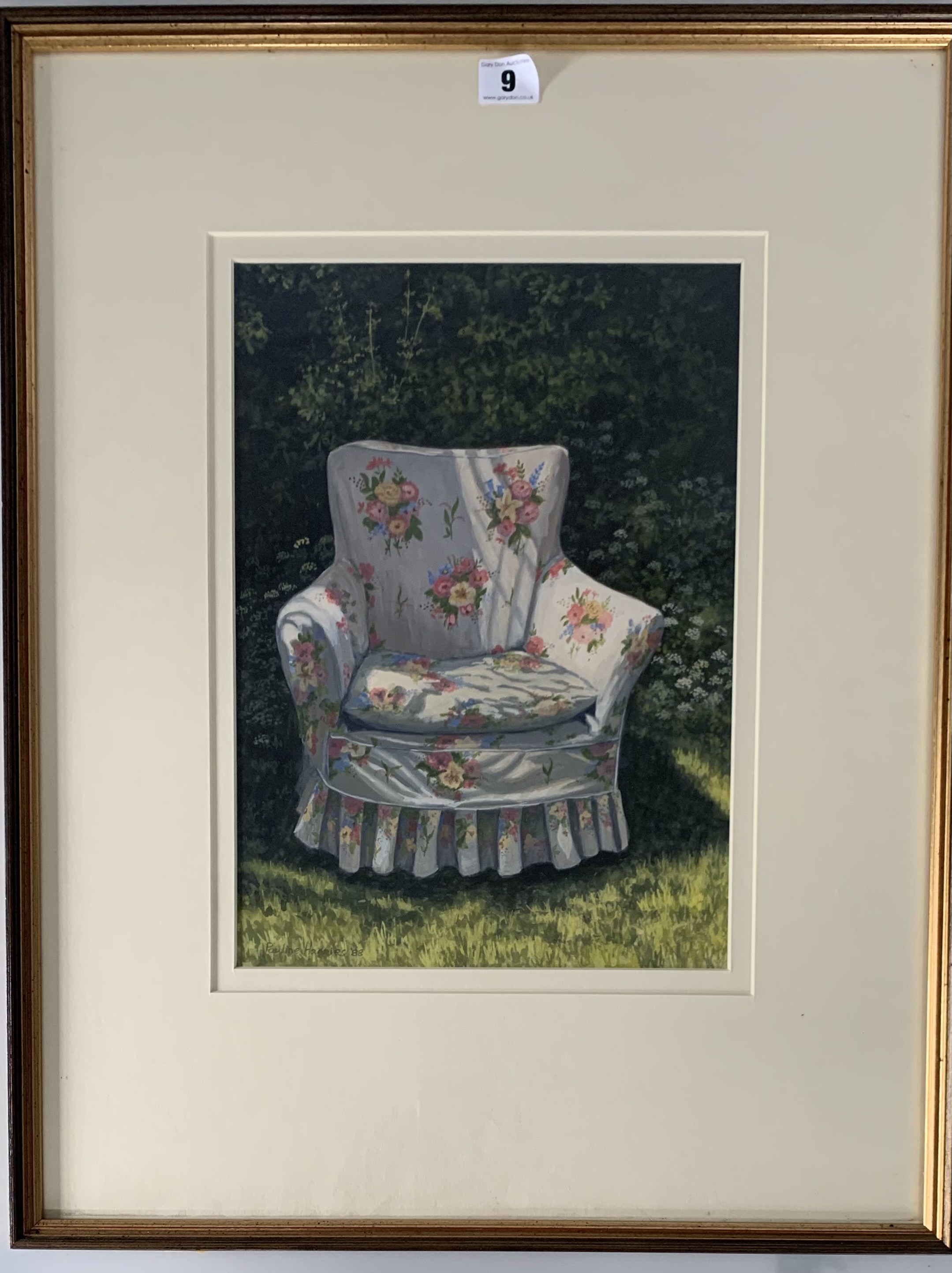 Watercolour of flowered armchair by Pauline Harries ’88, image 10.5” x 14.5”, frame 19.75” x 25”