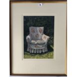 Watercolour of flowered armchair by Pauline Harries ’88, image 10.5” x 14.5”, frame 19.75” x 25”