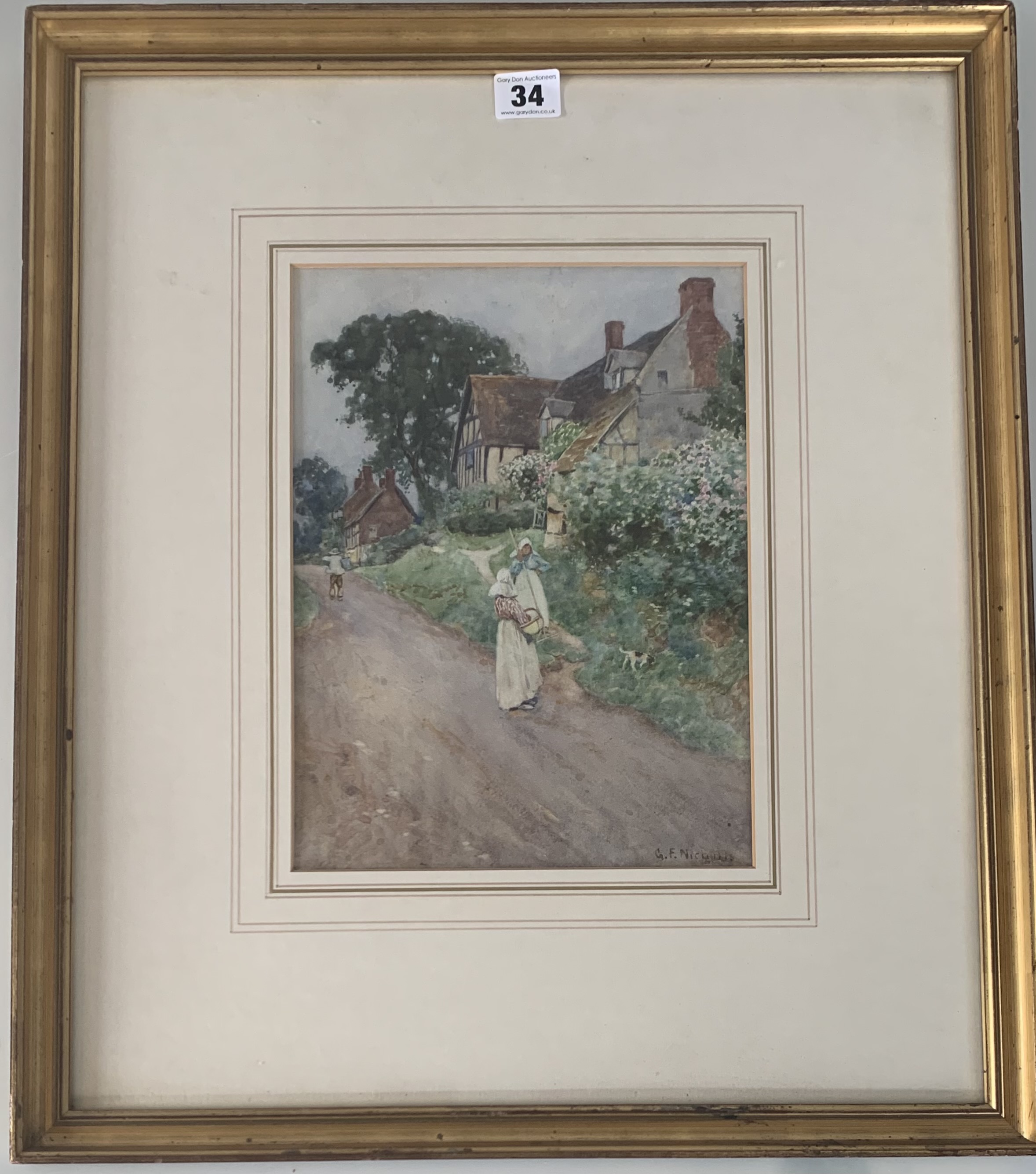 Watercolour “The Old Manor House, Cropthorne, Worcestershire” by G.F. Nicholls. Image 8.5” x 11.