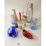 10 pieces of assorted coloured glass vases and dishes