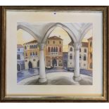 Painting on Silk “View From The Fishmarket, Venice” by Georgina Logan. Image 24” x 20”, frame 34”