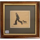 Brian Shields (Braaq) pencil drawing of man and dog, signed ‘braaq’. Image 6.25” x 5.25”, frame 13.