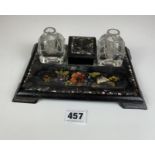 Black lacquer and mother of pearl inkstand with 2 glass ink bottles, 8.5” long x 6” wide