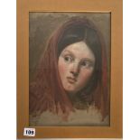 Oil on board of young girl, unsigned. Image 9.25” x 13”, frame 12” x 16”