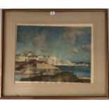 Print of coastal town by W. Russell Flint. Image 21” x 16”, frame 30.5” x 26”