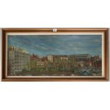 Oil on board of city scene, signed DFB 71, image 35” x 15”, frame 39.5” x 19.5”