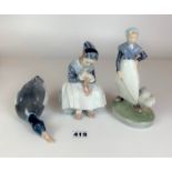 3 Royal Copenhagen figures – woman with goose 7” high, woman sewing 6” high and mallard duck 7.5”