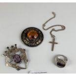 Engraved silver amethyst heart shaped brooch, Scottish circular silver brooch set with orange stone,