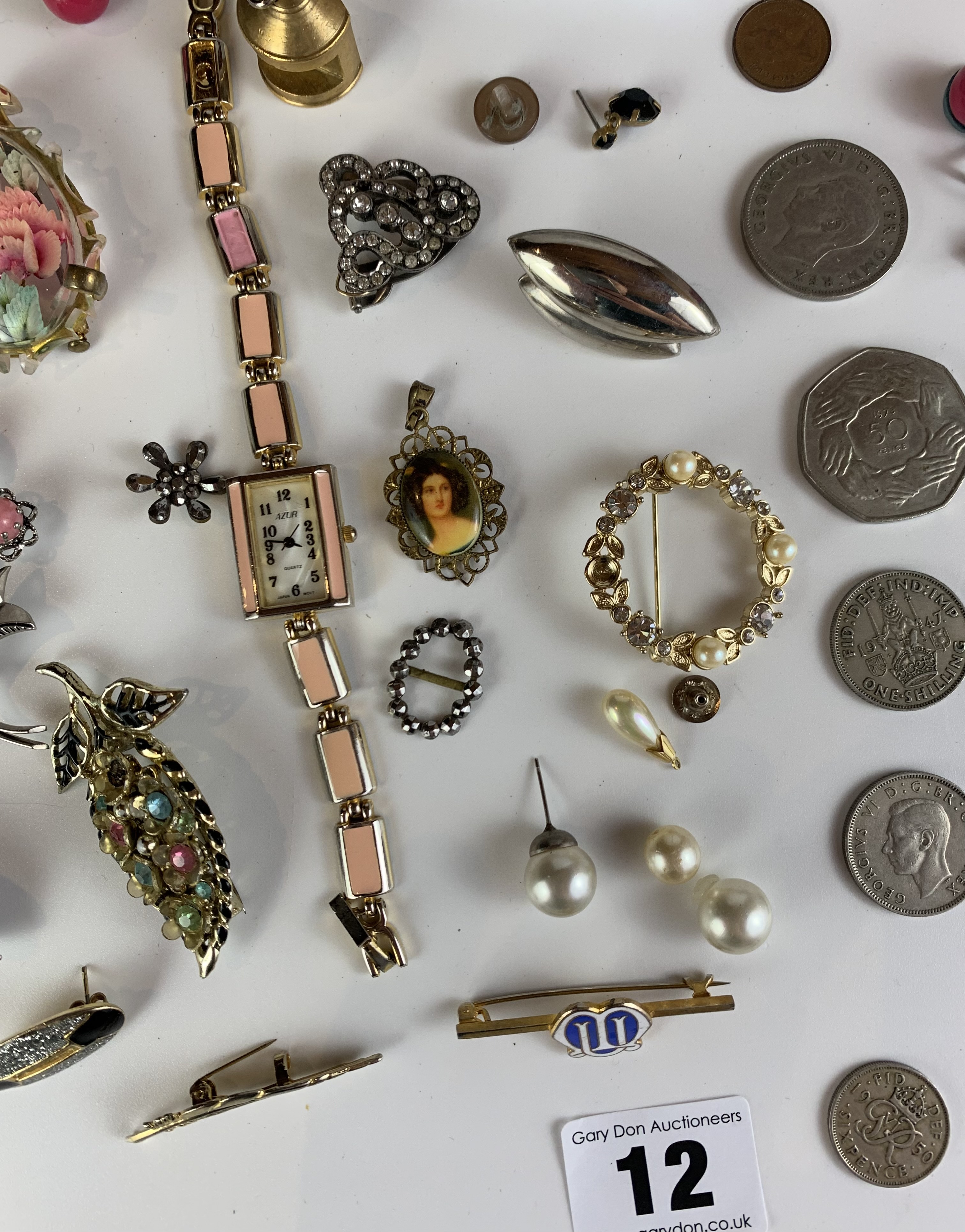 Dress jewellery including brooches, earrings, rings, souvenir spoon, odd coins and Azur watch - Image 3 of 9