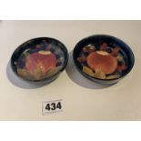 2 small blue Moorcroft fruit and berry pattern pin dishes, 4” diameter. No damage