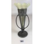 Pewter Art Nouveau 3 handled vase with yellow iridescent glass trumpet liner, 10” high. Marked