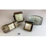 Small Enfield alarm clock, cased Smiths alarm clock, boxed Estyma pop up alarm clock, and Europa