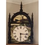 Grandfather clock hood with painted face on plinth with pendulum and 1 weight