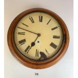 Wooden cased round school wall clock with 1 winding hole and key, 16” diameter