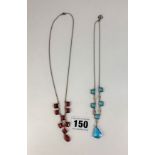 Silver necklace with red stones and silver necklace with blue stones, total w: 10.5 gms
