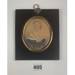 Portrait miniature of a woman, image 3.5” x 3”, frame 5.5” x 4.75”
