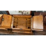 Oak stationery box with 2 opening flaps, inside compartments and bottom drawer, 14” wide x 8.5” deep