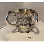 Silver Judaica wash jug with 2 handles and inserted panels, 6” high x 5” wide plus handles, w: 11.