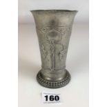 Pewter Art Nouveau vase, 5” high, engraved with flowers and inscription “Gen v. Fr. Stork 1926”. Few